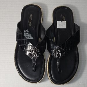 Roberto Cavalli Men's Snake Embossed Leather Thong Sandal Black Size: 41 (8)
